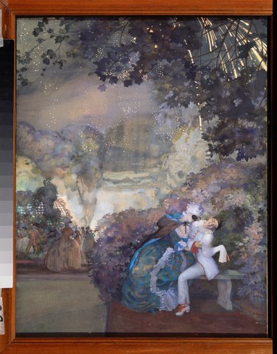 Pjerrot og en kvinde. (Flirter ved maskeradebal). Værk af Konstantin (Constantin) Andreyevich Somov (1869-1939), gouache på papir af Konstantin Andreevic Somov