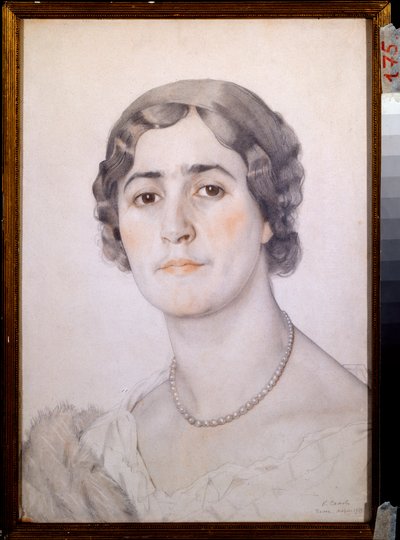 Portræt af skuespillerinden D G Karysheva (?) (Portræt af skuespillerinden D G Karysheva) - Værk af Konstantin (Constantin) Andreyevich Somov (1869-1939), akvarel, sangvin og pastel på papir af Konstantin Andreevic Somov