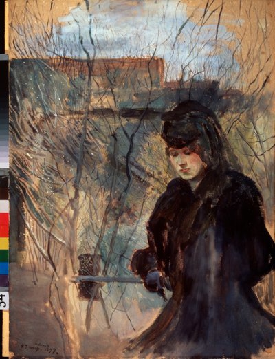 Printemps (Forår) (En kvinde klædt i sort, ser melankolsk ud og kigger ned, lænet op på en tynd barriere) - Værk af Konstantin (Constantin) Andreyevich Somov (1869-1939), akvarel og gouache på pap af Konstantin Andreevic Somov