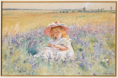En ung pige på en mark af Salvia, Oxeye Daisies og Meadow Foxtail, af Konstantin Egorovich Makovsky