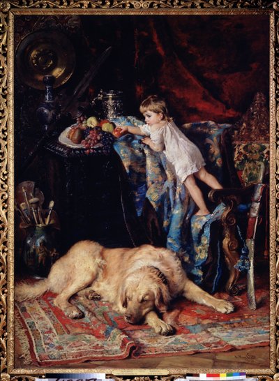 I kunstnerstudiet. Et grådigt barn balancerer sig selv på en lænestol, for at undgå opsyn af en stor døsende hund og for at tage en frugt fra et fad, komposition til et stilleben. Maleri af Konstantin af Konstantin Egorovich Makovsky