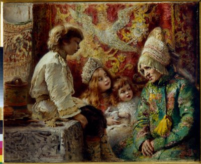 Bedstemor med børn (bedstemors eventyr) - Makovsky, Konstantin Yegorovich (1839-1915) - 1882 - Olie på træ - Statens Friluftsmuseum Pavlovsk Palace, Skt. Petersborg af Konstantin Egorovich Makovsky