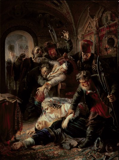Ansatte lejemordere, der dræber zar Boris Fyodorevich Godunovs søn af Konstantin Egorovich Makovsky