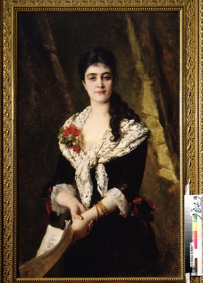 Portræt af sangeren A. Panaeva Kartseva, for rollen som Tatyana i operaen Eugene Oneguine af Piotr Tchaikovsky. (Portræt af sangeren A. Panaeva Kartseva som Tatyana i operaen Eugene Onegin af P. Tchaikovsky). Maleri af Konstantin Yegorovic af Konstantin Egorovich Makovsky