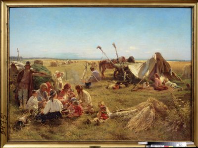 Bøndernes måltider i høstsæsonen. (Et Bondemåltid ved Høsttiden). Maleri af Konstantin Yegorovich Makovsky (Constantin Makovsky) (1839-1915), olie på lærred af Konstantin Egorovich Makovsky