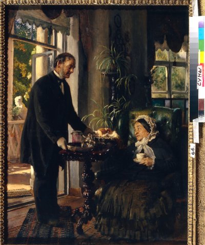 En palæ chatelaine. (En gammel dame tager te, serveret af en tjener, der forærer hende brød og marmelade). Maleri af Konstantin Yegorovich Makovsky (Constantin Makovsky) (1839-1915), olie på lærred af Konstantin Egorovich Makovsky