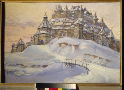 Gammel russisk fæstning. (Befæstet træby, under sneen i Ukraine i middelalderen). Værk af Konstantin (Constantin) Ivanovich Gorbatov (1876-1945), tempera på træ, begyndelsen af ​​det 20. århundrede. Privat samling. af Konstantin Ivanovich Gorbatov