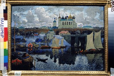 Broen A Novgorod (Rusland) (Novgorod, Pier). Maleri fra Konstantin (Constantin) Ivanovich Gorbatov (1876-1945), olie på lærred af Konstantin Ivanovich Gorbatov