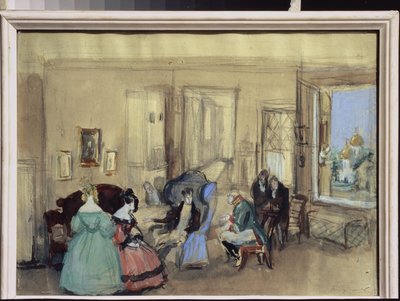 En scene fra teaterstykket ""The Revizor"" af Nicolas Gogol (1809-1852) (En scene fra teaterstykket The Reviser af N. Gogol) - Værk af Konstantin Ivanovich Rudakov (Constantin Roudakov) (1891-1949) , akvarel og gouache på papir - Kunst scenograp af Konstantin Ivanovich Rudakov