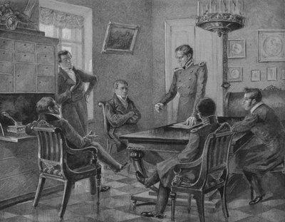 Pavel Pestel-tale ved mødet i Northern Society of the Decembrists i Petersborg, 1936 af Konstantin Mikhailovich Goldstein