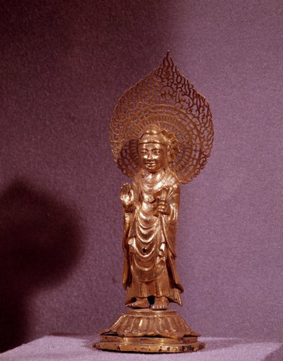 Art Coreen: repræsentation af Buddha Amitabha, guldstatuette. Silla periode. 7.-8. århundrede. Koreas Nationalmuseum af Korean School