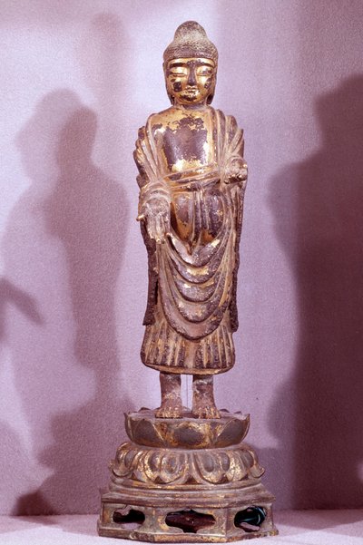 Coreen Art: Buddha-statuette i gylden bronze. Silla periode, 8. århundrede. Hyung pil Chun samling af Korean School