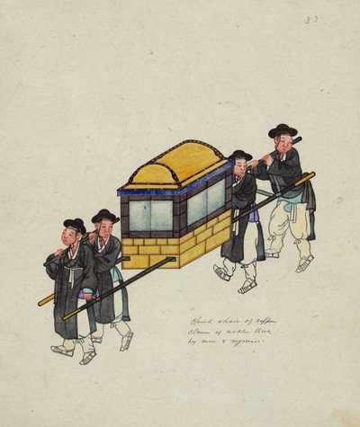 Fire portører med en embedsmand i en "gama" eller palanquin, ca. 1890 af Korean School