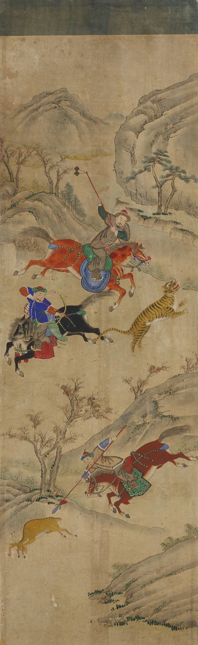 Jagtscene (3 ryttere, der jager hjorte og tiger) (wc på papir) af Korean School