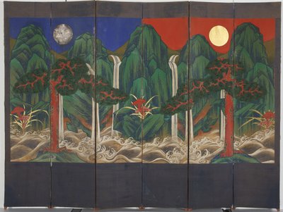 Landskab (tempera og bladguld på panel) af Korean School