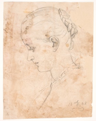 Kunstnerens søster Elizabeth. Profil t.v. Fletninger Frisure af Kristian Zahrtmann
