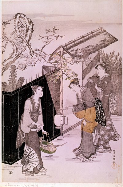 Tilbage fra poetisk aften i japansk forårstryk af Shunman Kubo (1757-1820). Paris, Guimet-museet, Nationalmuseet for asiatisk kunst af Kubo Shumman