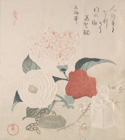 Camellia Flowers, a Netsuke and a Seal, 1800-tallet. af Kubo Shunman