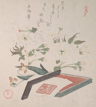 Kirsebærblomster og seglkasse med blæk og lineal, 1800-tallet. af Kubo Shunman