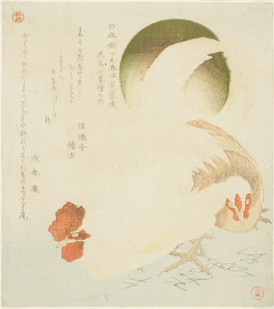 Hane, høne og opgående sol, fra serien "Syv fugle-og-blomstertryk til Fuyo-cirklen i Kanuma i Shimotsuke-provinsen (Yamagawa Shimotsuke Kanuma Fuyo-ren kacho nanaban tsuzuki no uchi)" af Kubo Shunman