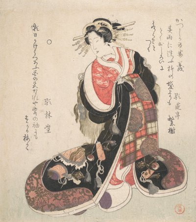 Courtesane klædt i en udførlig kjole broderet med lykke-emblemer, ca. 1800. af Kubo Shunman