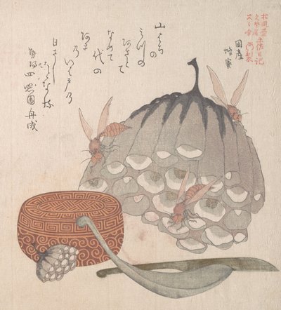 Bistader med hvepse og en æske med en ske til honning, 1800-tallet. af Kubo Shunman