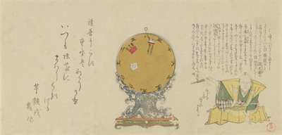 Bevægelig roterende kalender monteret på kunstfærdig bølgebund med kanin ..., 1795, kaninens år. af Kubo Shunman