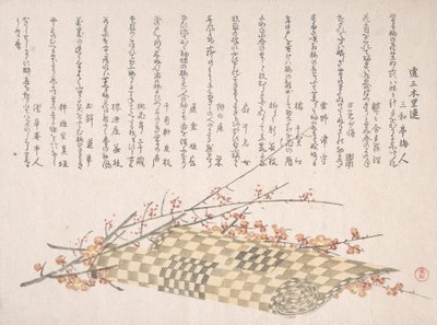 Blommegrene med blomster og en rullemåtte, 1800-tallet. af Kubo Shunman