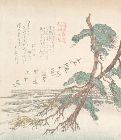 Havsidelandskab med fyrretræer og flyvende traner, 1800-tallet. af Kubo Shunman