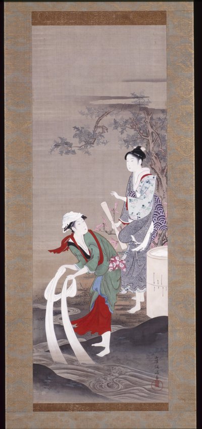 Two Beautys At The Tamagawa (Crystal River) In Mishima (blæk, gofun og farve på silke) af Kubo Shunman
