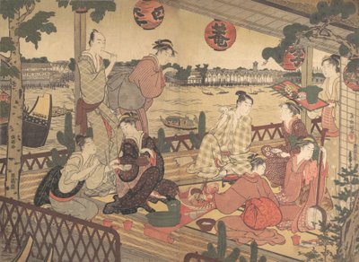 To unge mænd og flere kvinder spiste i et tehus på bredden af Sumida-floden, ca. 1788. af Kubo Shunman