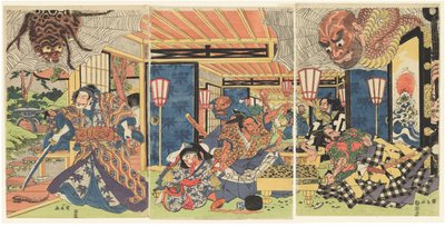 Minamoto no Yorimitsu and His Retainers Defeat the Earth Spider, ca. 1804-1818 (træsnit (nishiki-e); blæk og farve på papir) af Kuninaga Utagawa