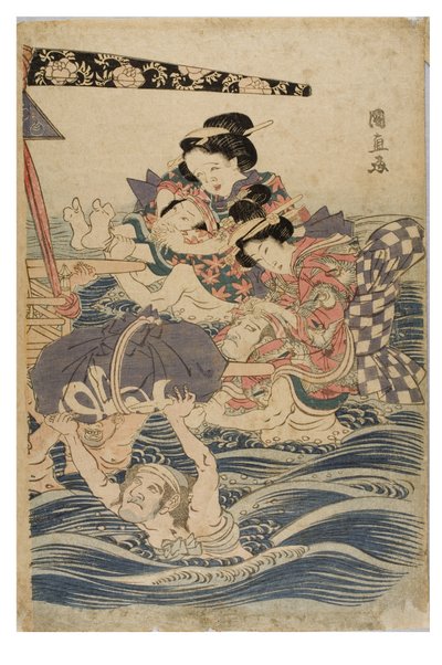 Forårsscene med unge kvinder på rejse, ca. 1786-1864 (træbloktryk på papir) af Kuninaga Utagawa