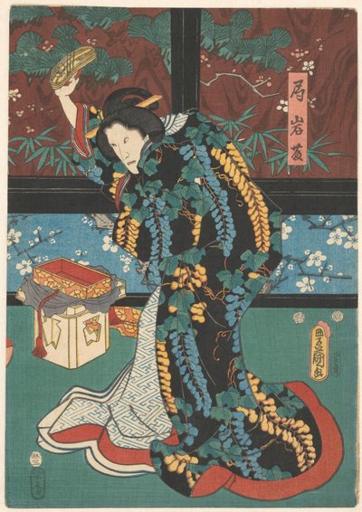 Scene fra Play The Mirror Mountain Dame i ventende Iwafuji med sandal i hånden af Kunisada (I) , Utagawa