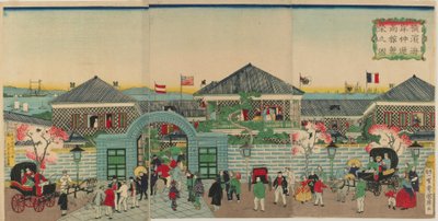 Billede af velstanden for merkantile virksomheder langs Nakadouri på Yokohama, Meiji-æraen, 1870 (træblok i farver) af Kuniteru II Utagawa