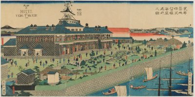 The Seaside Garden of the Tsukiji Hotel i den østlige hovedstad, Meiji-æraen, 1868 (farvet træbloktryk) af Kuniteru II Utagawa