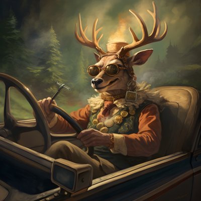 En hjort med en cigar i munden kører en cabriolet bil 1 af Kurt Heppke