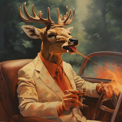 En hjort med en cigar i munden, der kører en cabriolet bil 2 af Kurt Heppke