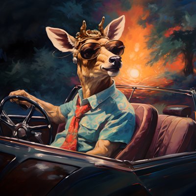 En hjort med en cigar i munden kører en cabriolet bil 4 af Kurt Heppke