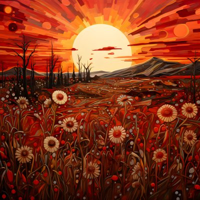 Abstrakt landskabskunst med et felt med vilde blomster og en fed rød sol. 3 af Kurt Heppke
