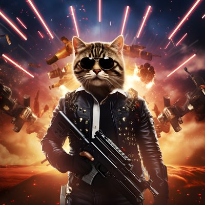 Filmplakat af en kat iført en sort og hvid prikket skjorte og skinnende solbriller med eksplosioner og kanoner i baggrunden 2 af Kurt Heppke