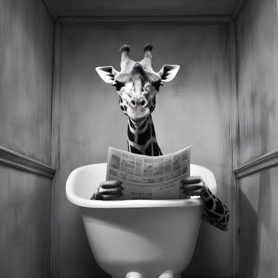 Glad giraf sidder på toilettet med avis 1 af Kurt Heppke