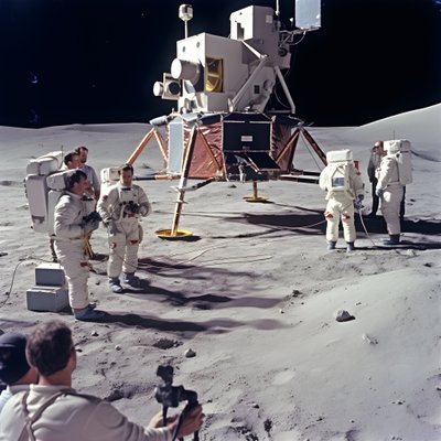 Ryhmä ihmisiä tv-kameran kanssa näyttämään Apollo 11 -projektin väärennöksiä 2 af Kurt Heppke