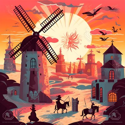 Baggrund Don Quixote yderst til højre på sit æsel så lille som en skygge, foran vindmøllerne, en passende kulisse 2 af Kurt Heppke