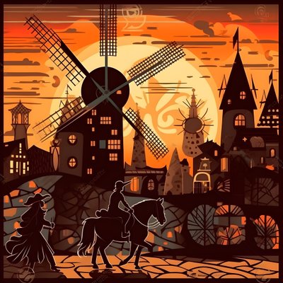 Baggrund Don Quixote yderst til højre på sit æsel så lille som en skygge, foran vindmøllerne, en passende kulisse 4 af Kurt Heppke