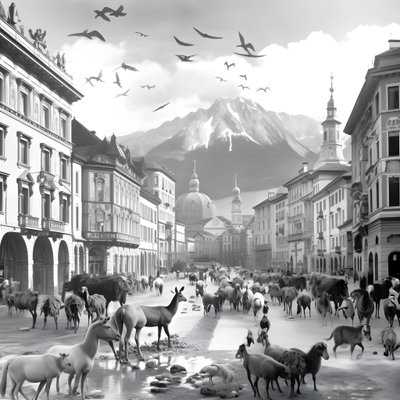 Innsbruck i et gammelt fotografi med elegante zebraer, måger, aber og lerfigurer. 2 af Kurt Heppke