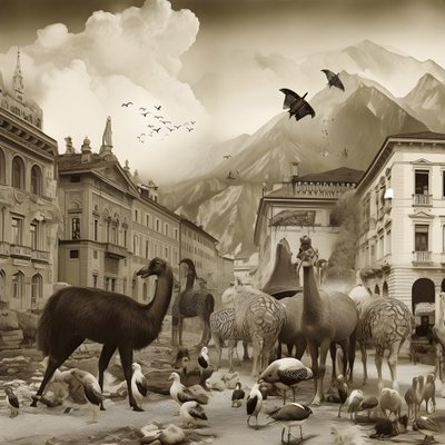 Innsbruck i et gammelt fotografi med elegante zebraer, måger, aber og lerfigurer. 3 af Kurt Heppke