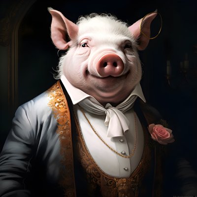 Kold og dominerende antropomorf svineplantageejer, gennemborende øjne, fed buttet krop, cigar i hånden, udsøgt smart sydlandsk hvidt jakkesæt og vest, lommeur på en kæde, monokel, hvid filthat, nærbillede af Kurt Heppke
