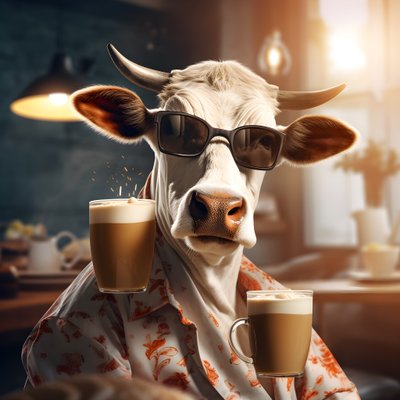 Lehmä aurinkolasit katsomassa kylmää kahvia 1 af Kurt Heppke