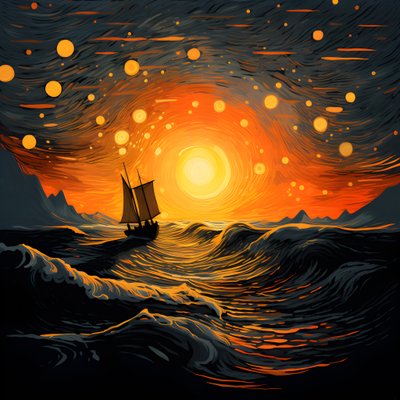 Solnedgang, orange-gul sol, skyer, fem roterende cirkler af skyer på en stor himmel, præcise bølger og orange-gule solnedgangsskyer reflekteret på bølgerne, en båd går ud til havet 1 af Kurt Heppke